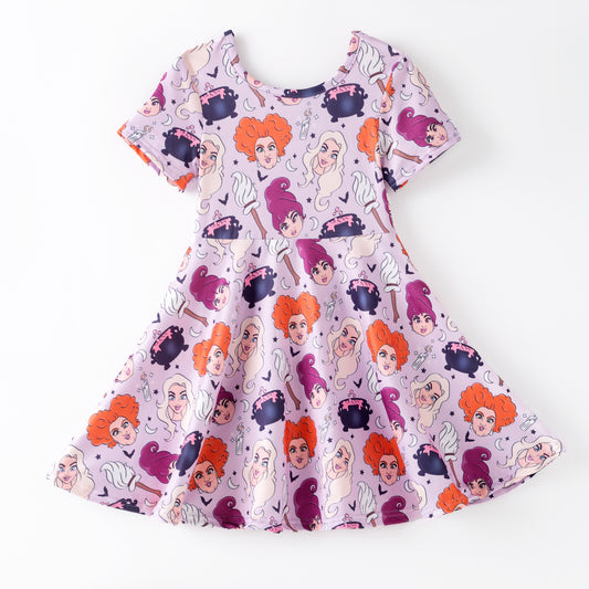 Girls Fall Halloween Witch Purple Print Cute Twirl Dress