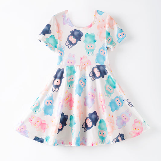 Girls Summer Labubu Print Cute Cartoon Twirl Dress