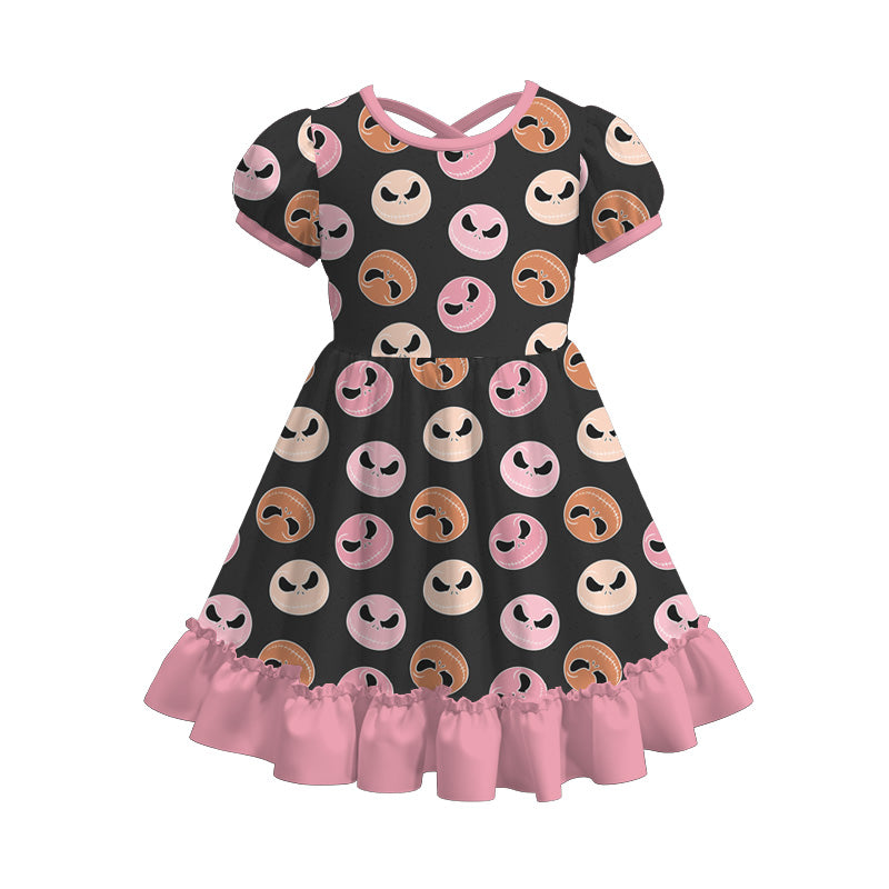 Girls Fall Halloween Butterfly Pumpkin Ghost Print Ruffled Dress