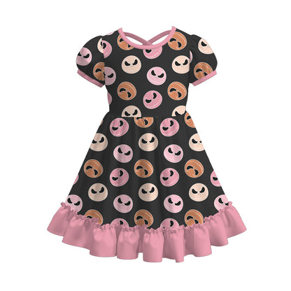 Girls Fall Halloween Butterfly Pumpkin Ghost Print Ruffled Dress
