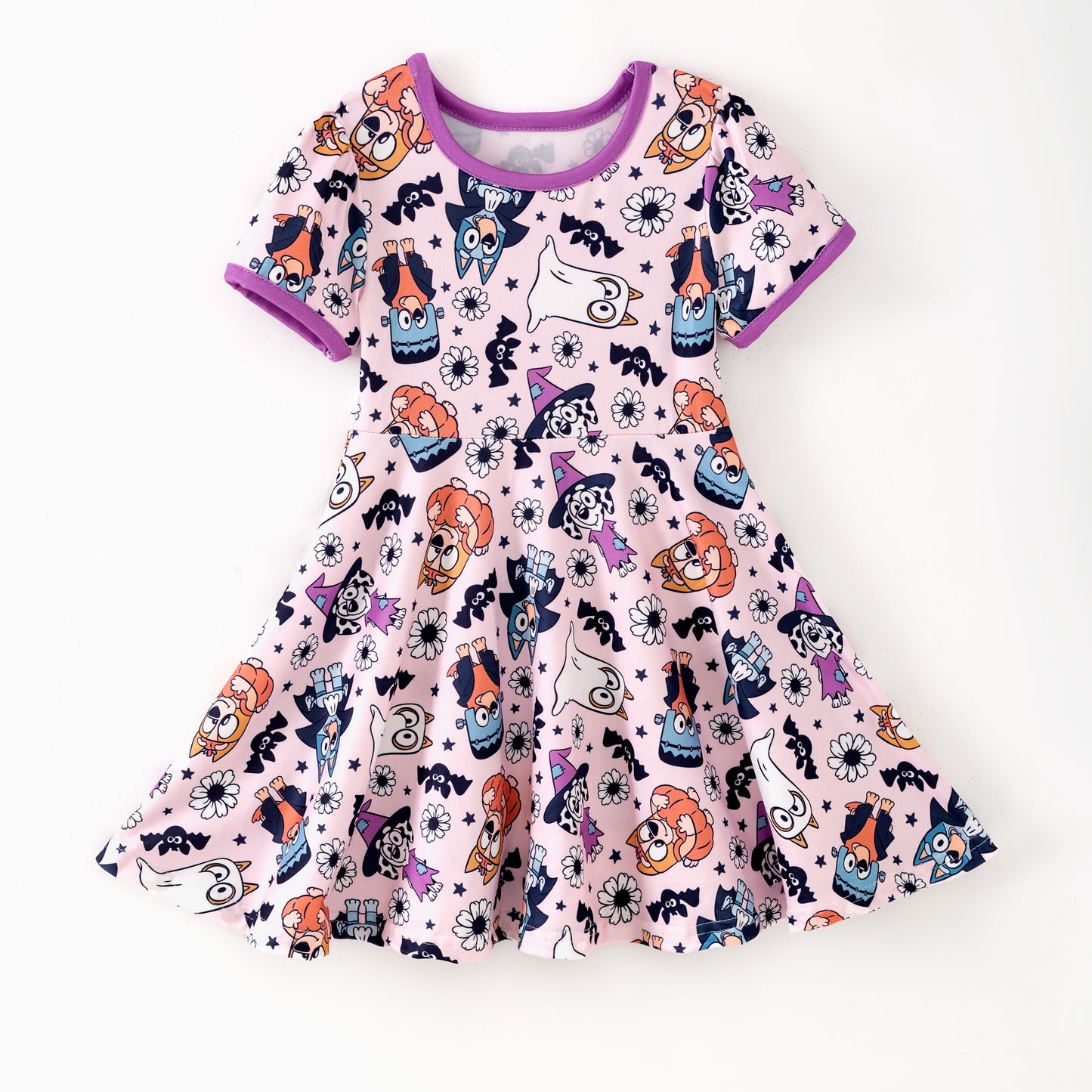 Girls Halloween Ghost Buley Bat Print Soft Twirl Dress