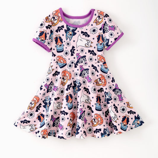 Girls Halloween Ghost Buley Bat Print Soft Twirl Dress