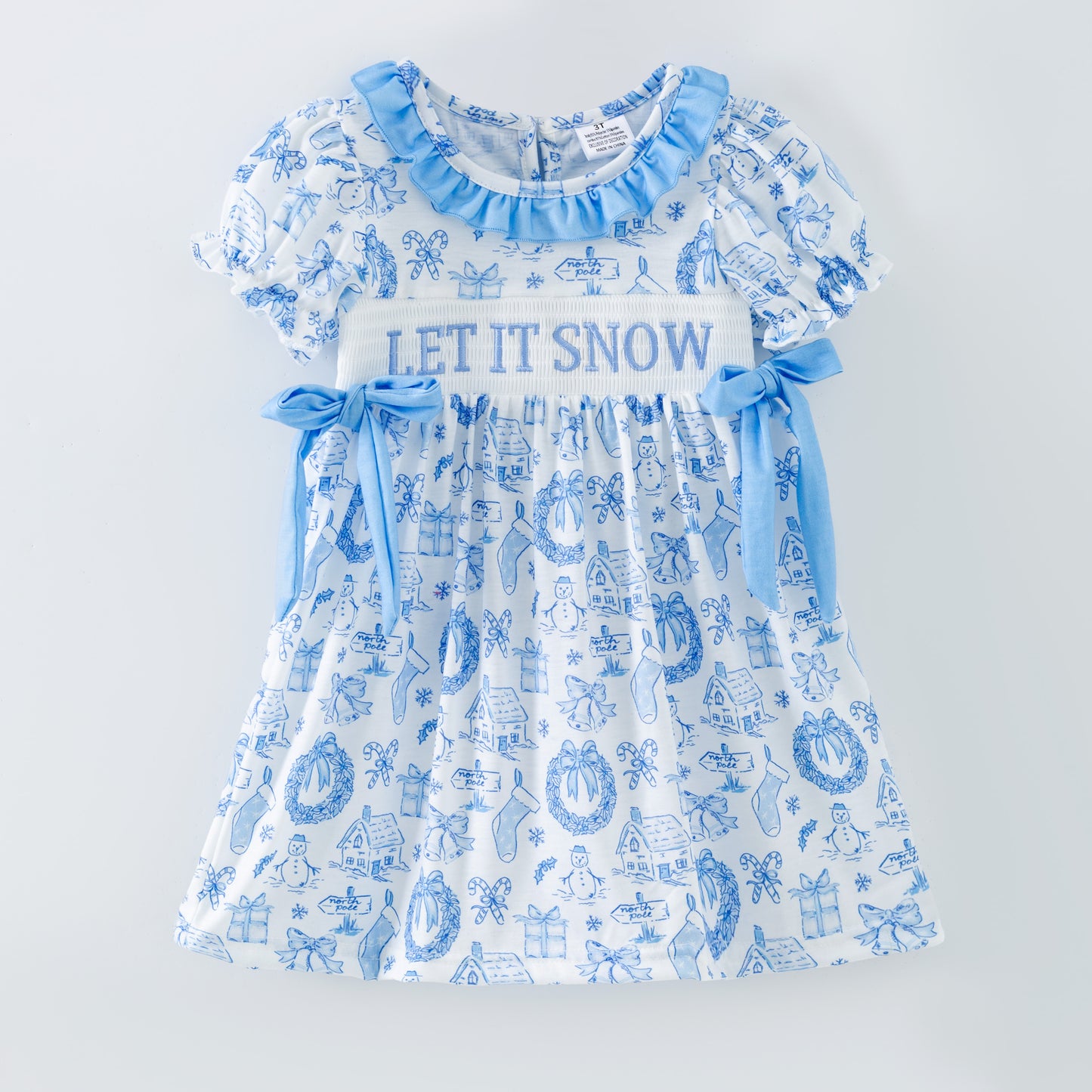 Girls LET IT SNOW Winter Smocks Embroidery Dress