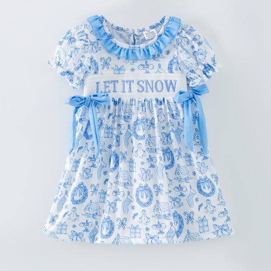 Girls LET IT SNOW Winter Smocks Embroidery Dress