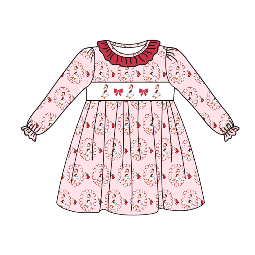 Girls Christmas Goose Smocked Embroidery Custom Name Dress & Baby Set