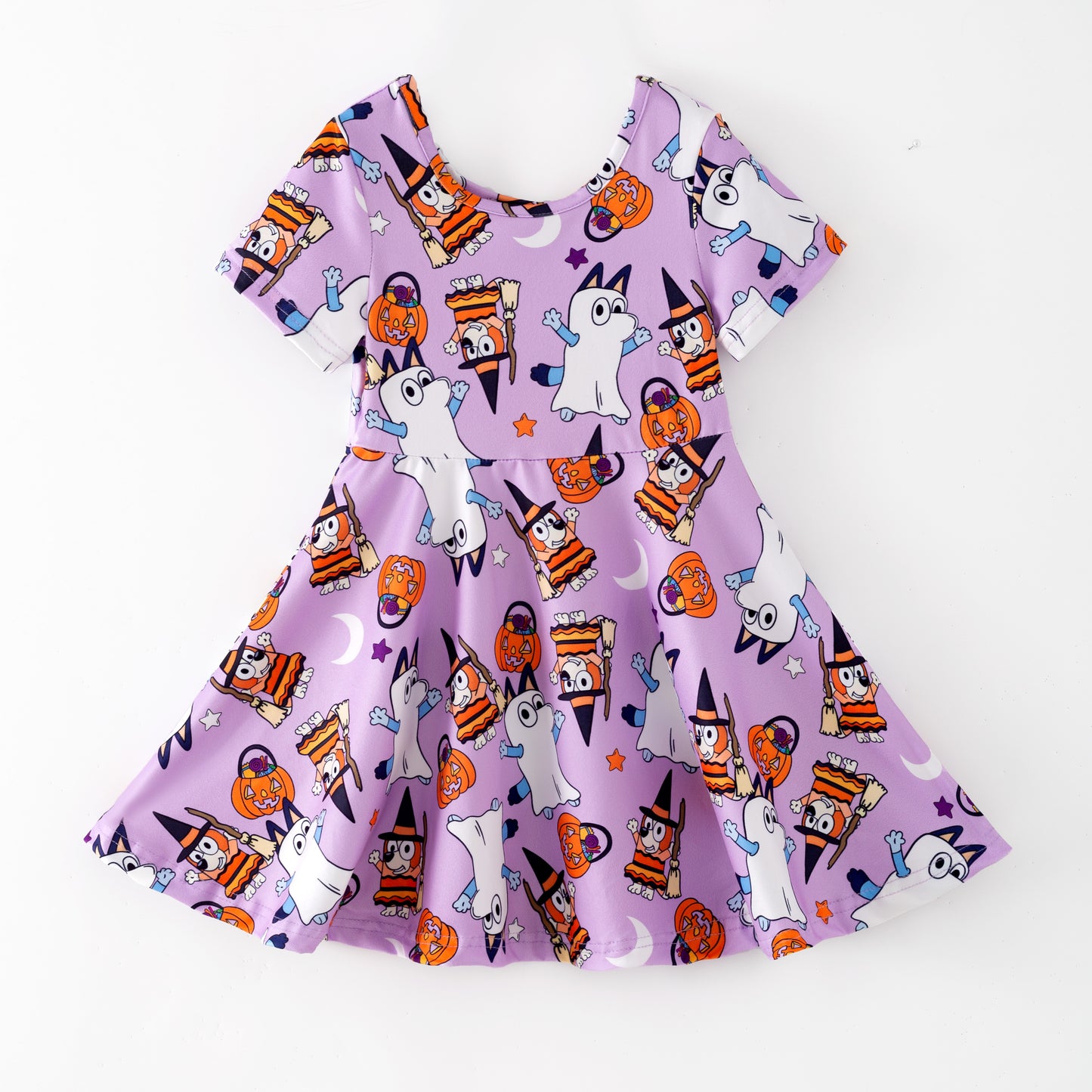 Girls Halloween Purple Ghost Pumpkin Bluey Twirl Dress