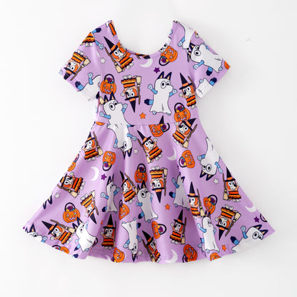 Girls Halloween Purple Ghost Pumpkin Bluey Twirl Dress