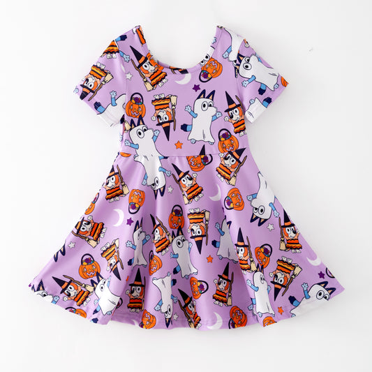 Girls Halloween Purple Ghost Pumpkin Bluey Twirl Dress