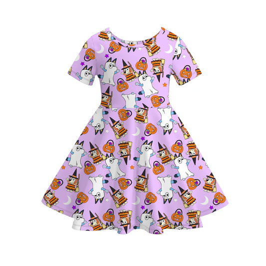 Girls Halloween Purple Pumpkin Ghost Print Twirl Dress