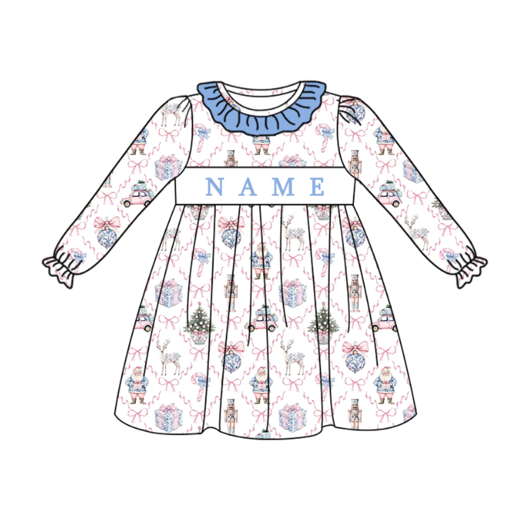 Girls Christmas Santa Bow Smocked Embroidery Custom Name Dress & Baby Set