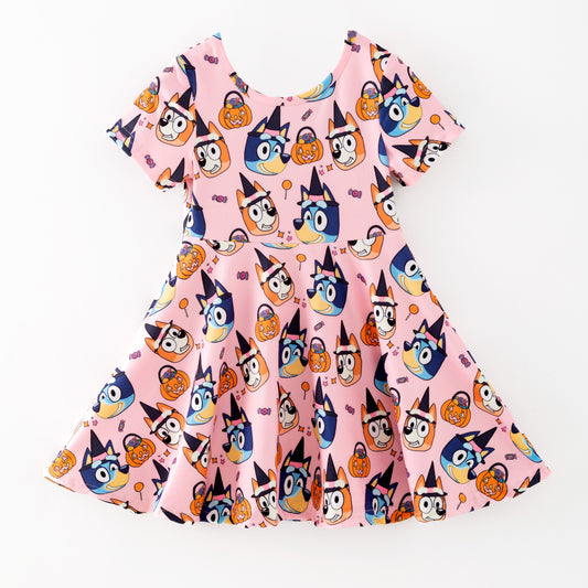 Girls Fall Halloween Bluey Cartoon Pink Short Sleeves Twirl Dress