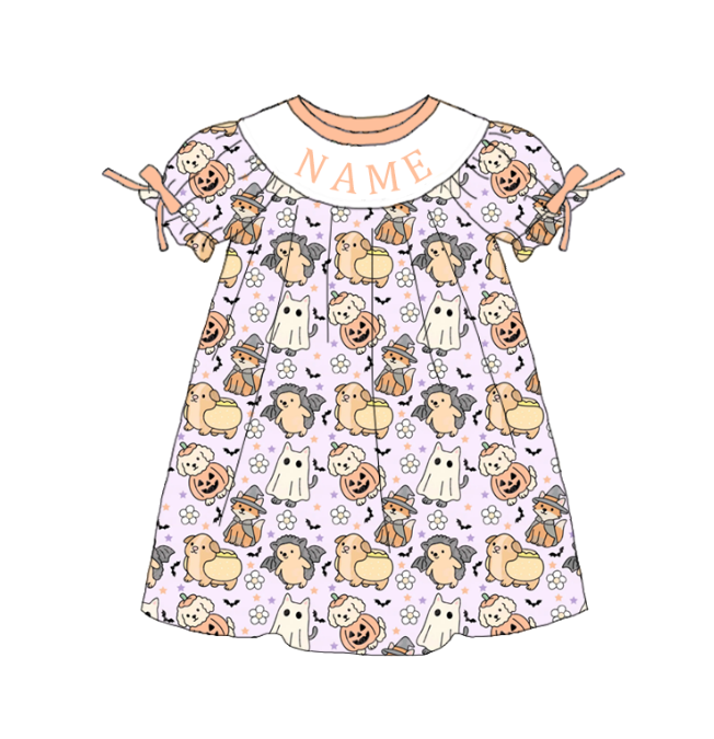 Girls Halloween Pumpkin Smocked Embroidery Custom Name Dress & Baby Set