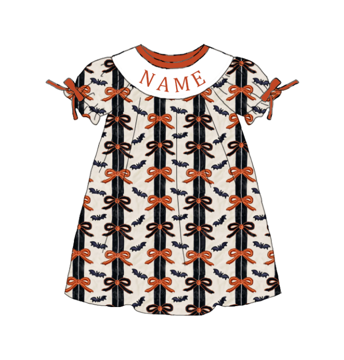 Girls Fall Bow Smocked Embroidery Custom Name Dress & Baby Set