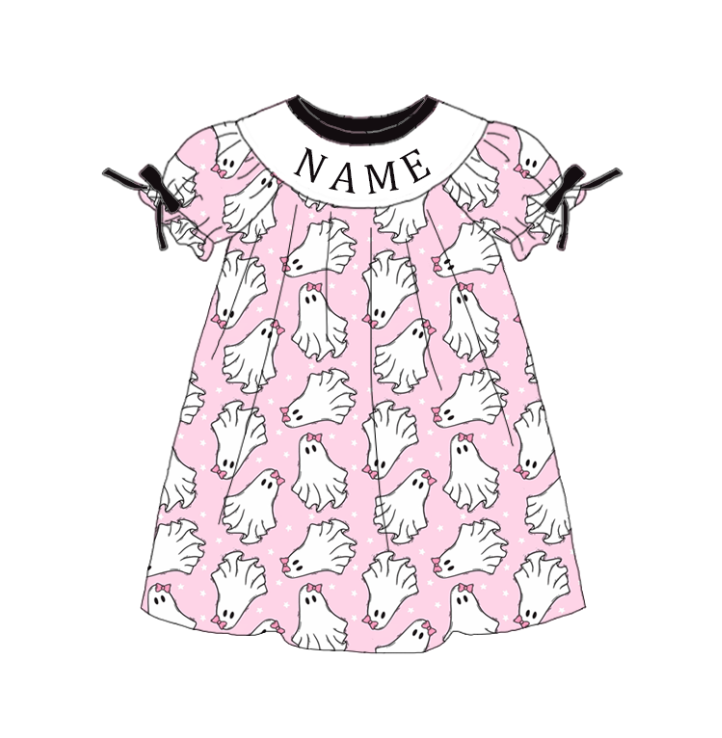 Girls Halloween Ghost Smocked Embroidery Custom Name Dress & Baby Set