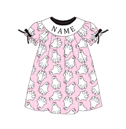 Girls Halloween Ghost Smocked Embroidery Custom Name Dress & Baby Set