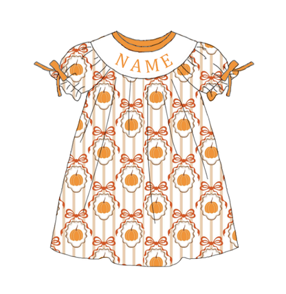 Girls Halloween Pumpkin Smocked Embroidery Custom Name Dress & Baby Set