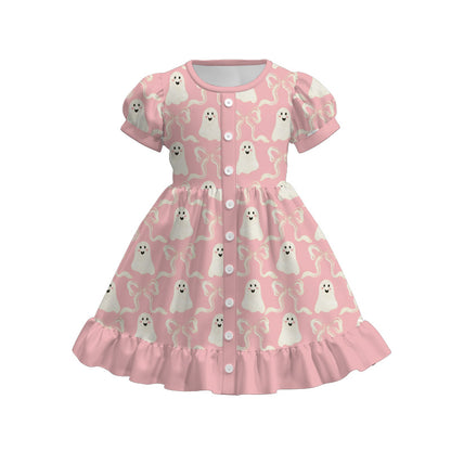 Girls Fall Halloween Ghost Pumpkin Bow Print Short Sleeves Dress