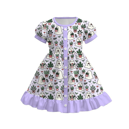 Girls Fall Halloween Ghost Pumpkin Bow Print Short Sleeves Dress