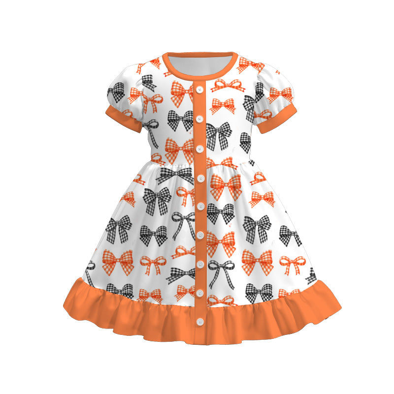 Girls Fall Halloween Ghost Pumpkin Bow Print Short Sleeves Dress