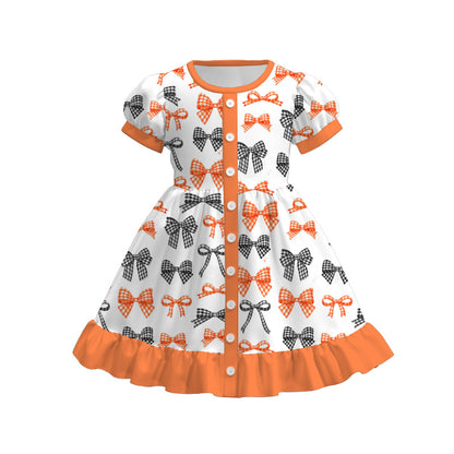 Girls Fall Halloween Ghost Pumpkin Bow Print Short Sleeves Dress