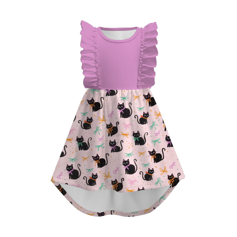 Girls Fall Halloween Pumpkin Ghost Cat Print Ruffles Dress