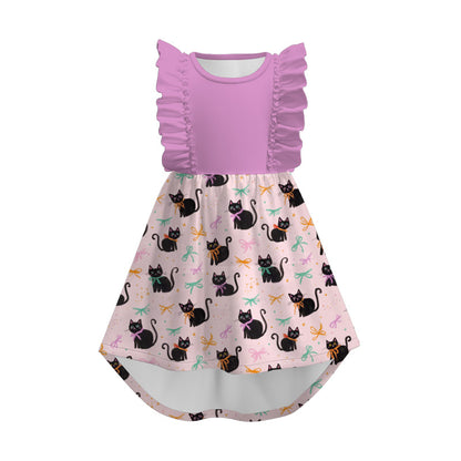 Girls Fall Halloween Pumpkin Ghost Cat Print Ruffles Dress