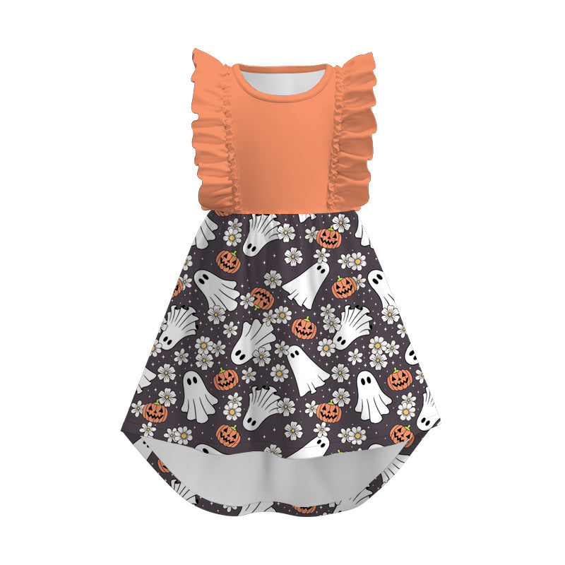Girls Fall Halloween Pumpkin Ghost Cat Print Ruffles Dress