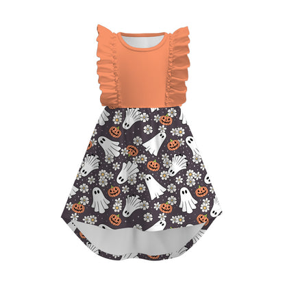 Girls Fall Halloween Pumpkin Ghost Cat Print Ruffles Dress