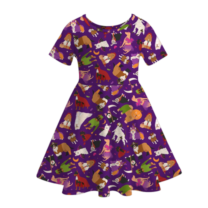Halloween Girls Fall Pumpkin Witch Print Short Sleeves Twirl Dress