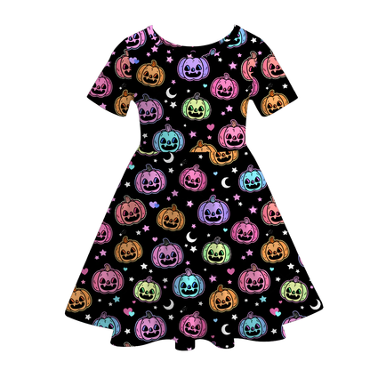 Halloween Girls Fall Pumpkin Witch Print Short Sleeves Twirl Dress
