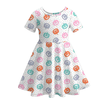 Halloween Girls Fall Pumpkin Witch Print Short Sleeves Twirl Dress