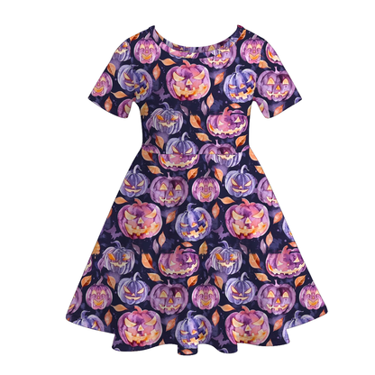 Halloween Girls Fall Pumpkin Witch Print Short Sleeves Twirl Dress