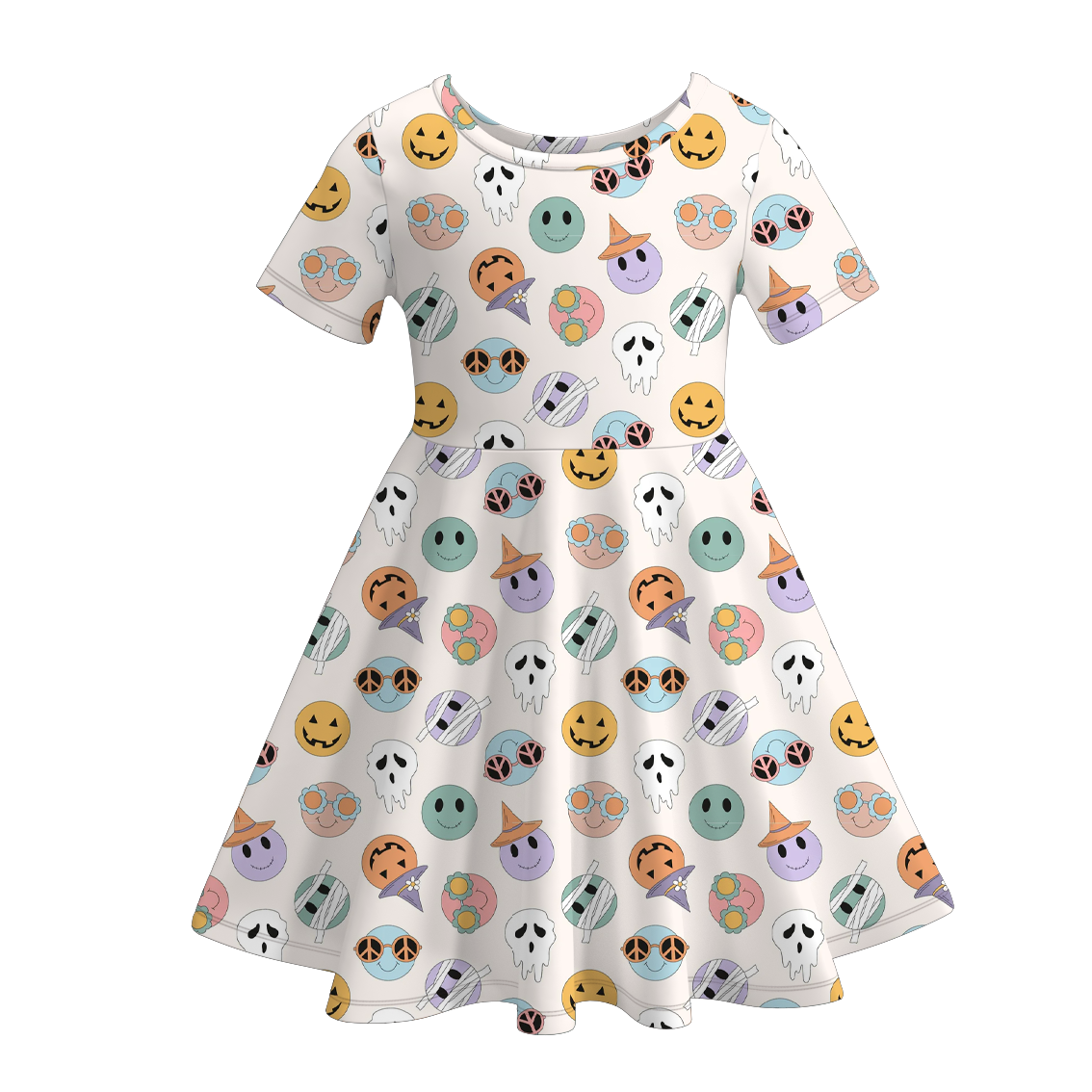 Halloween Girls Fall Pumpkin Witch Print Short Sleeves Twirl Dress