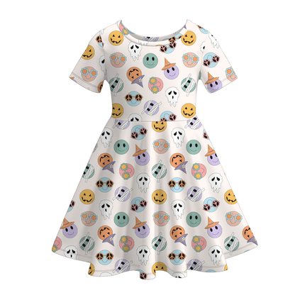 Halloween Girls Fall Pumpkin Witch Print Short Sleeves Twirl Dress