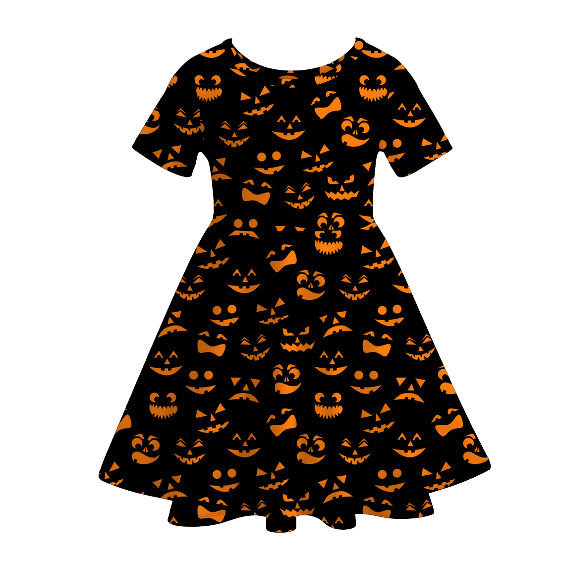 Halloween Girls Fall Pumpkin Witch Print Short Sleeves Twirl Dress