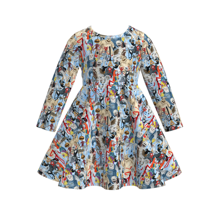 Girls Christmas Halloween Fall Print Long Sleeves Twirl Dress