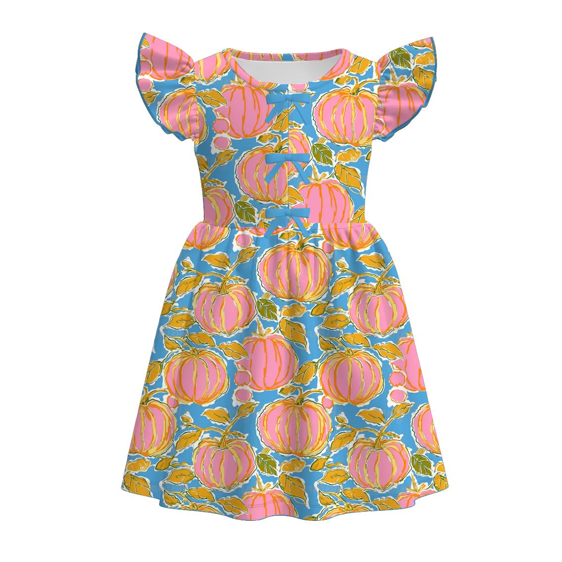 Girls Fall Pink Orange Bow Pumpkin Print Twirl Dress