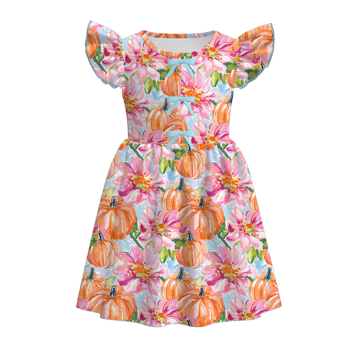 Girls Fall Pink Orange Bow Pumpkin Print Twirl Dress
