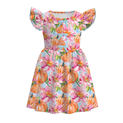 Girls Fall Pink Orange Bow Pumpkin Print Twirl Dress