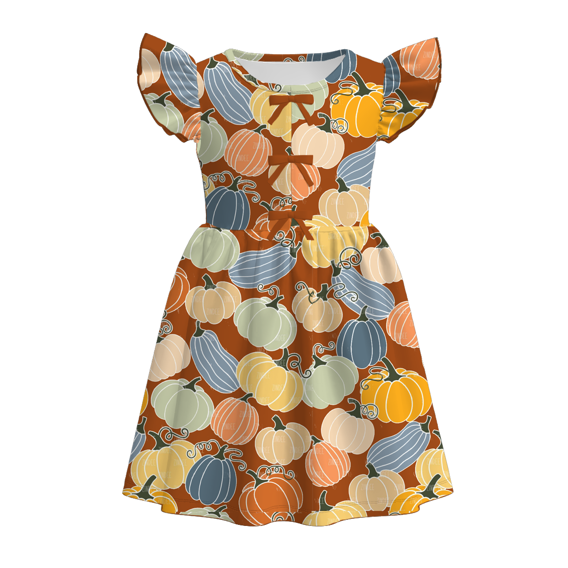 Girls Fall Pink Orange Bow Pumpkin Print Twirl Dress