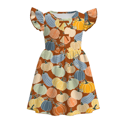 Girls Fall Pink Orange Bow Pumpkin Print Twirl Dress