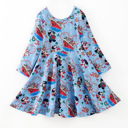 Girls Christmas Cartoon Cute Long Sleeves Blue Dress