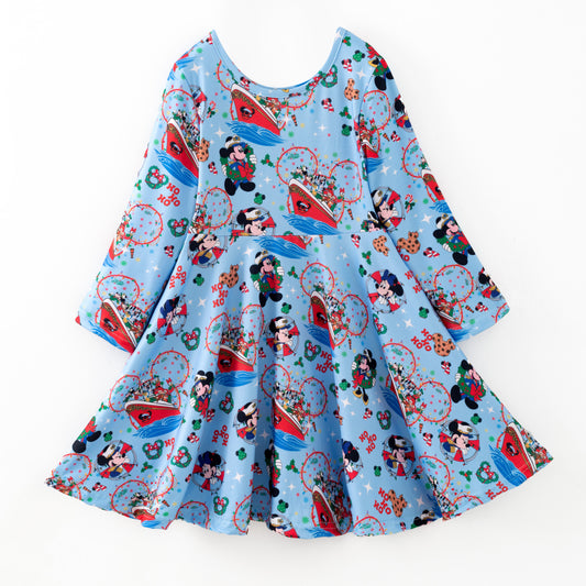 Girls Christmas Cartoon Cute Long Sleeves Blue Dress