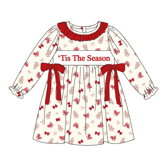 Christmas Tis The Season Sister Embroidered Red Bow Dress&Romper