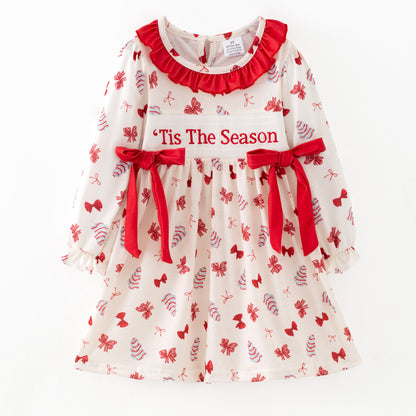 Christmas Tis The Season Sister Embroidered Red Bow Dress&Romper