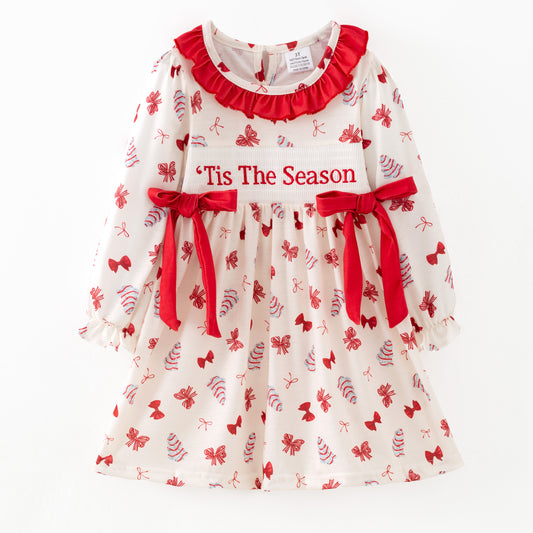 Christmas Tis The Season Sister Embroidered Red Bow Dress&Romper