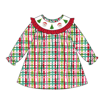 Girls Red Green Plaid Santa Christmas Tree Embroidery Smock Clothes
