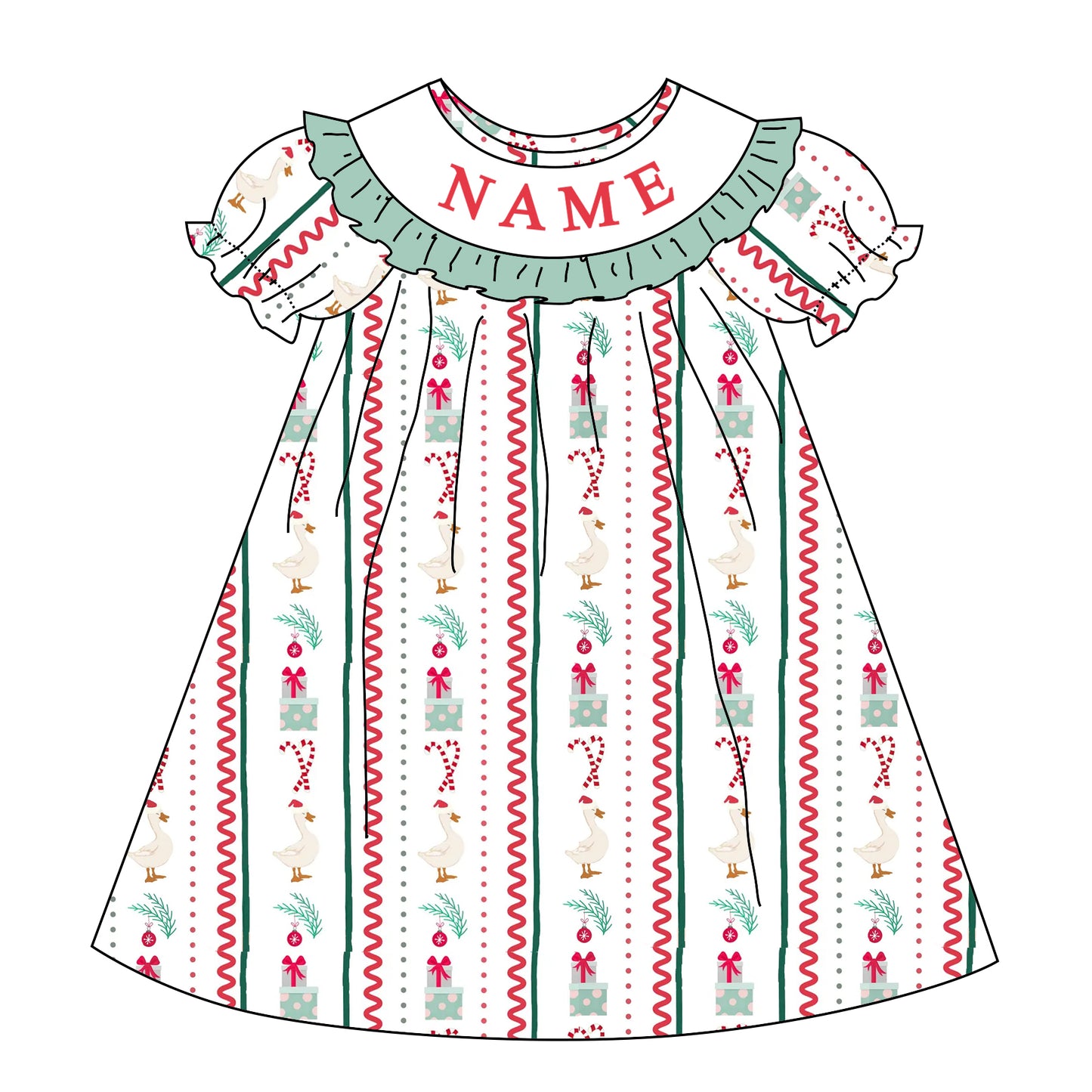 Girls Christmas Custom Name Embroidery Smock Goose Dress & Bubble