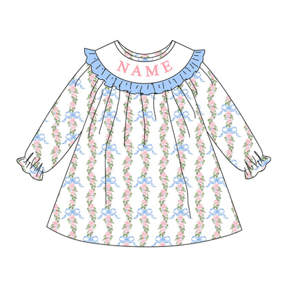 Girls Fall Custom Name Embroidery Smock Floral Dress & Bubble