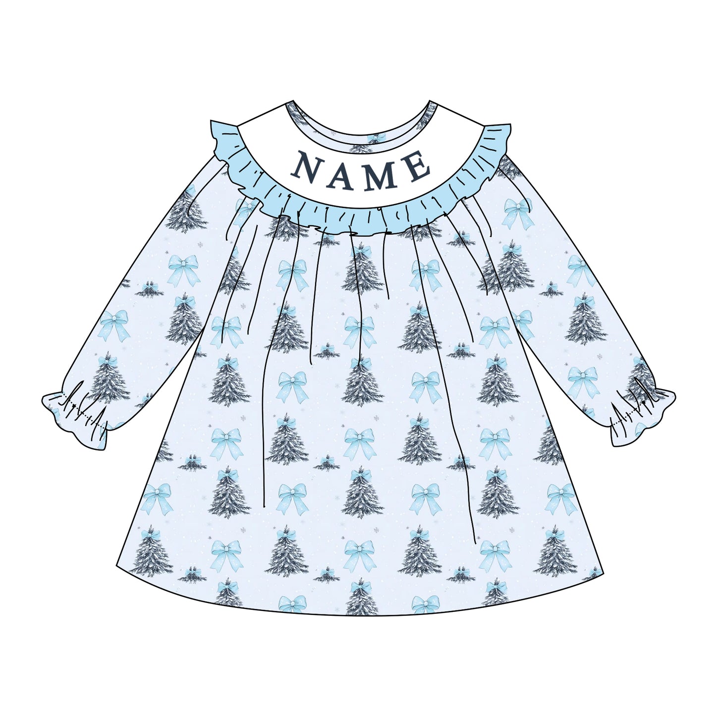 Girls Custom Name Embroidery Smock Christmas Tree Dress & Bubble